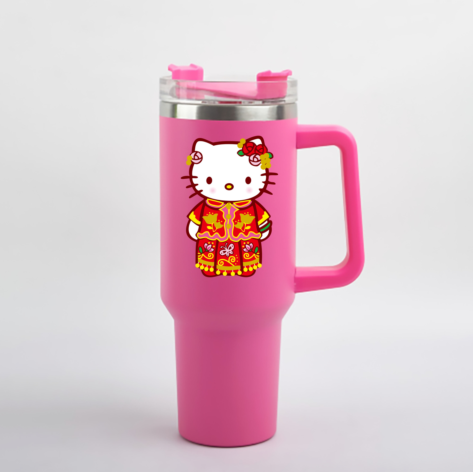 （画像用） Hello Kitty ハローキティ 1200mL車用タンブラー - クリスタルステッカー（プラスチックストロー付き）